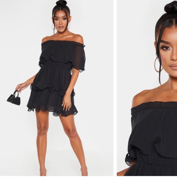 Prettylittlething black chiffon Bardot ruffle tiered dress - Picture 2 of 12